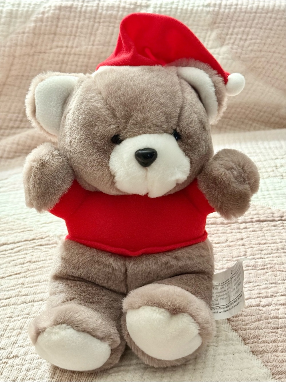 CUTE PLUSH TEDDY BEAR WITH RED SANTA HAT AND SHIRT BY G & M